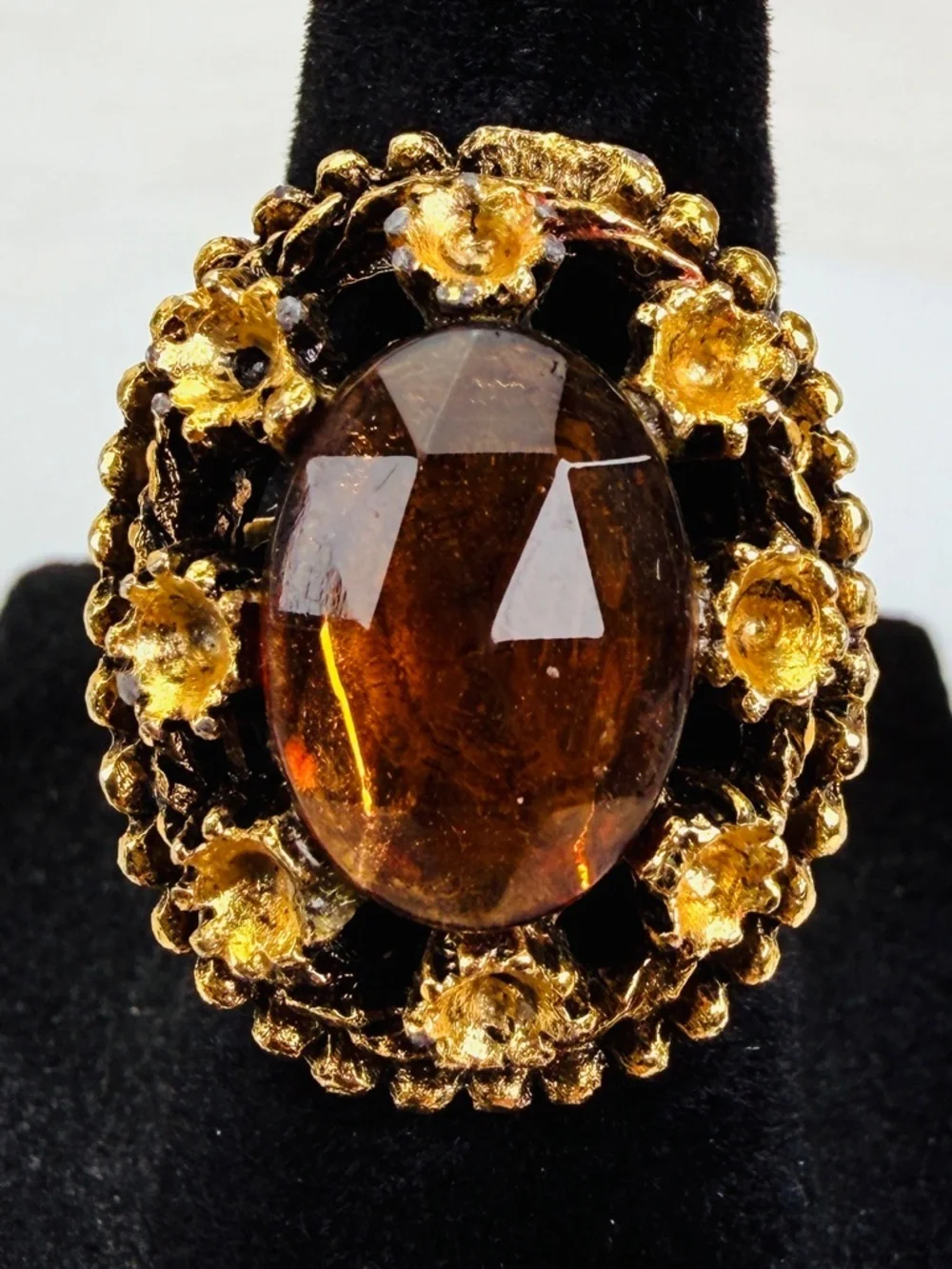 Vintage goldtone, colored bling size 6 adjustable statement ring